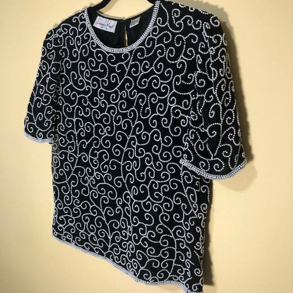 Vintage Laurence Kazar Swirl Pearl Beaded Silk Top - Picture 2 of 11
